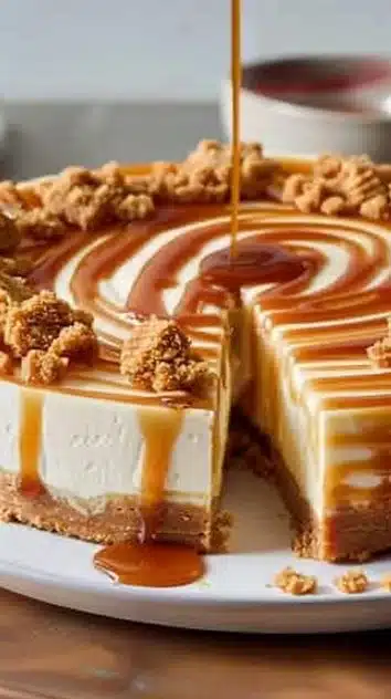 Loaded Butterscotch Cheesecake topped with drizzled butterscotch sauce and pecans