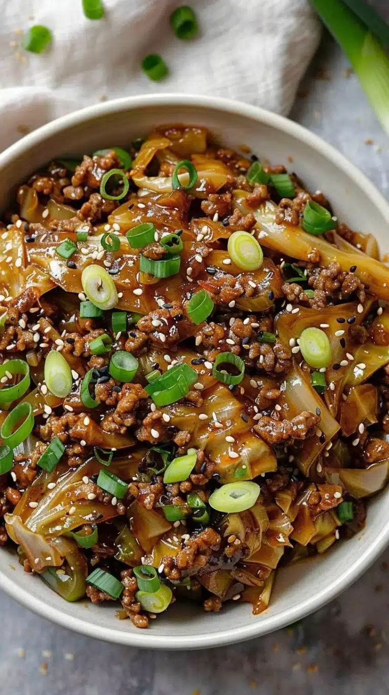 Low carb Mongolian Ground Beef served in a cabbage dish