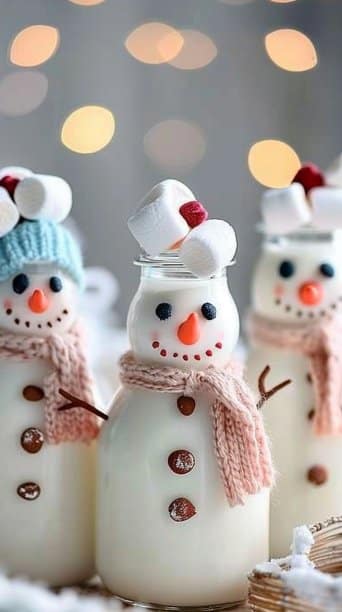 Snowman Milk Bottles with Marshmallow Heads