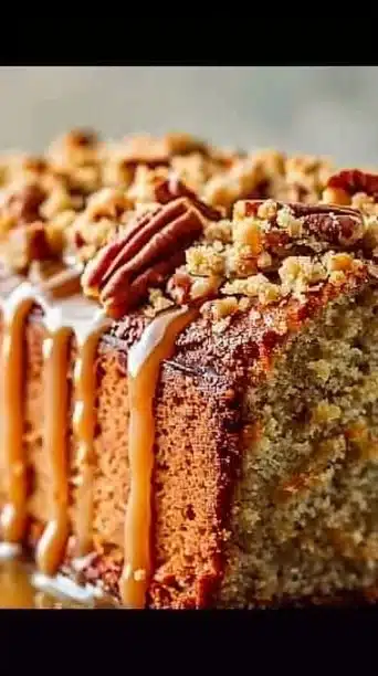 Maple Pecan Streusel Loaf topped with brown butter icing and pecans