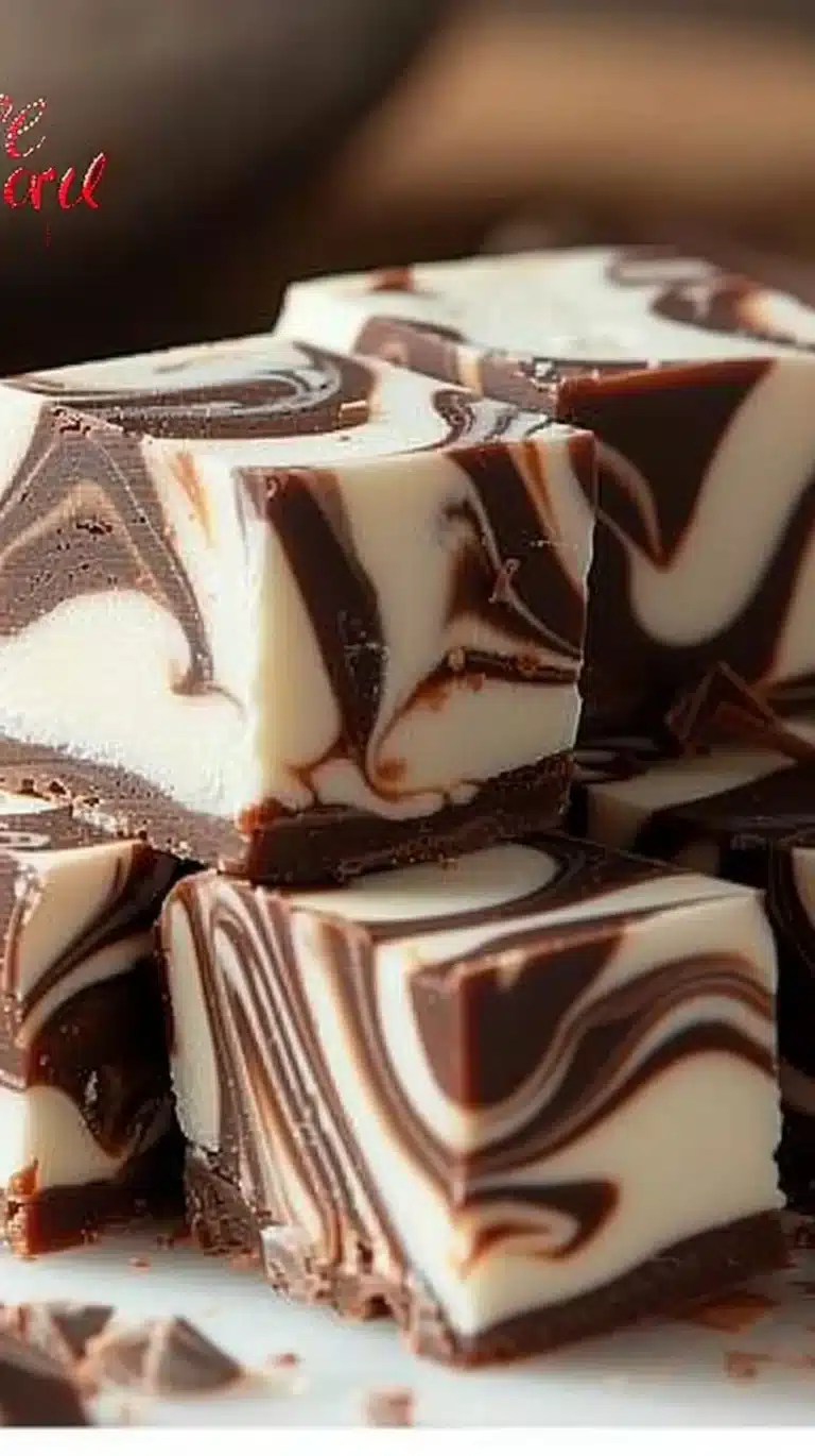 Delicious marshmallow swirl fudge with creamy texture and fluffy marshmallow swirls.