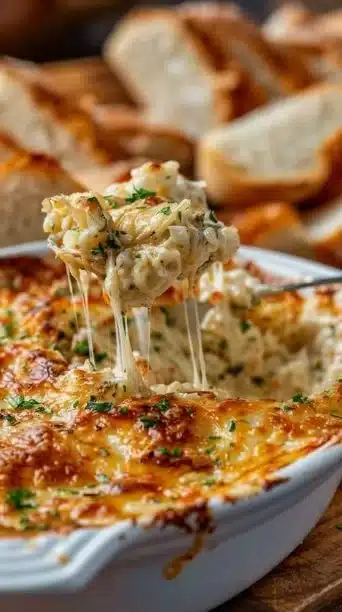 Delicious Maryland crab dip served in a bowl, garnished with herbs and crackers.
