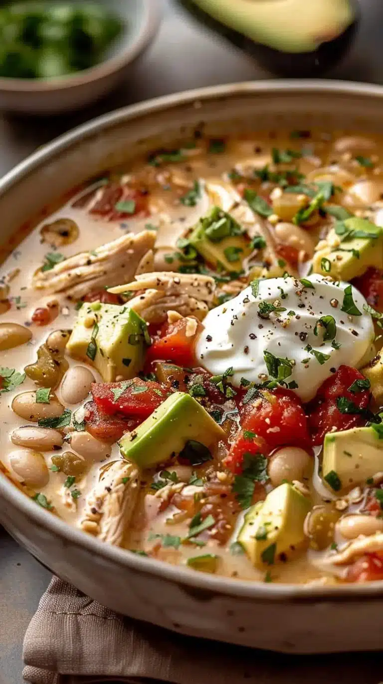 Bowl of Mediterranean White Chicken Chili with fresh herbs and spices