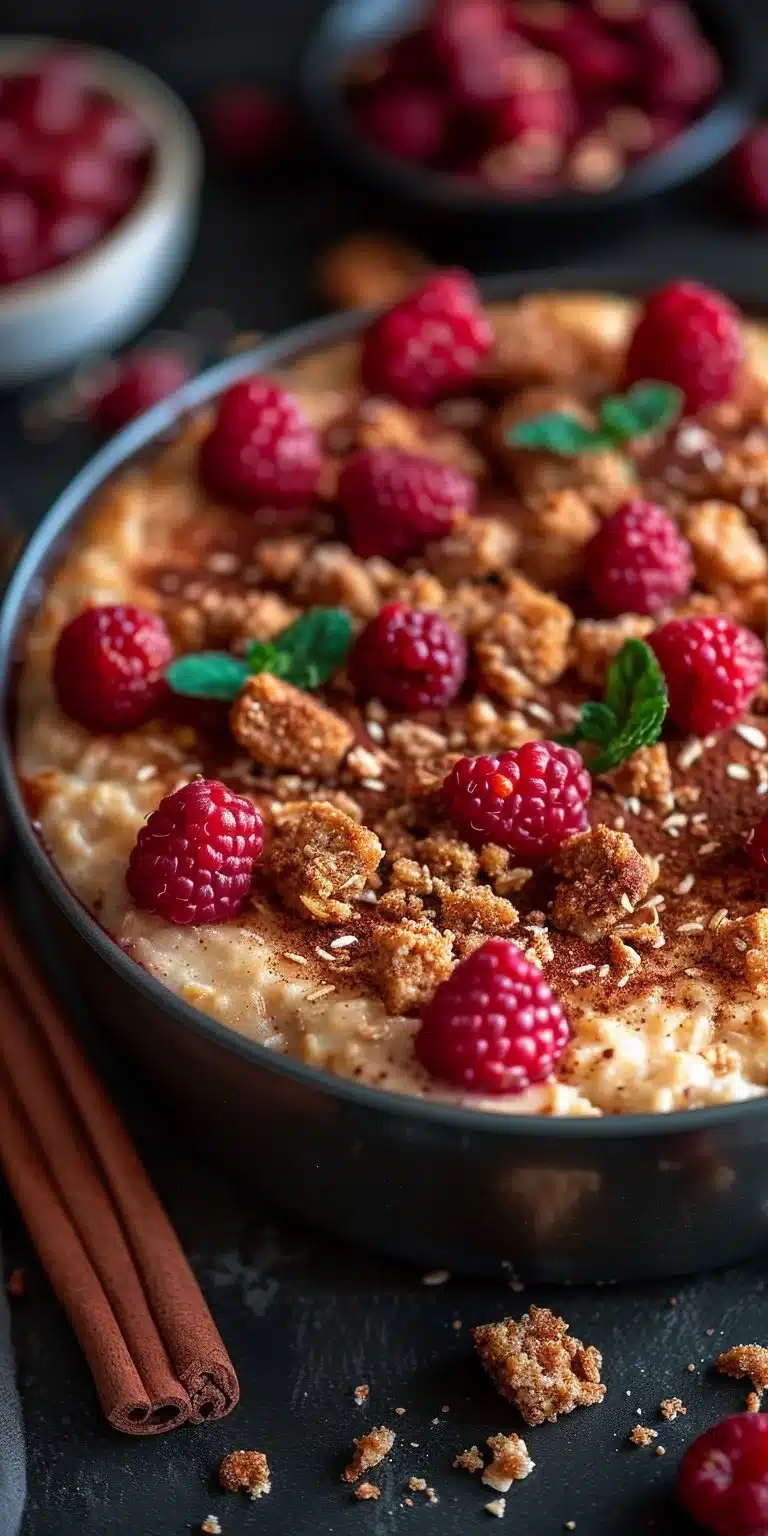 High protein cinnamon roll baked oatmeal served in a bowl with cinnamon on top