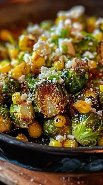Delicious Mexican street corn Brussels sprouts dish topped with cheese and spices.