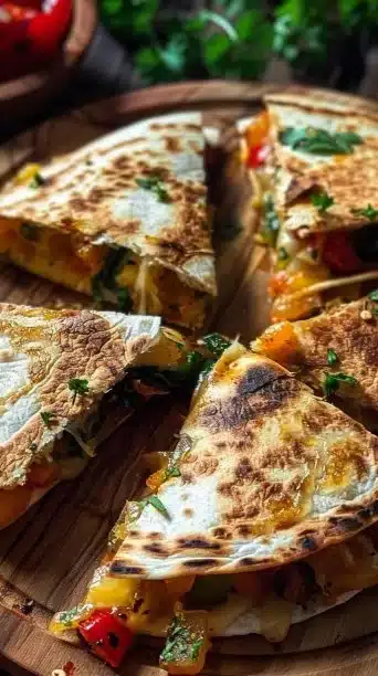 Mild curry veggie quesadillas served with a side of salsa and sour cream