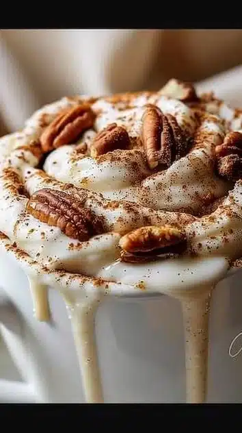 Delicious keto cinnamon roll mug cake topped with icing in a mug