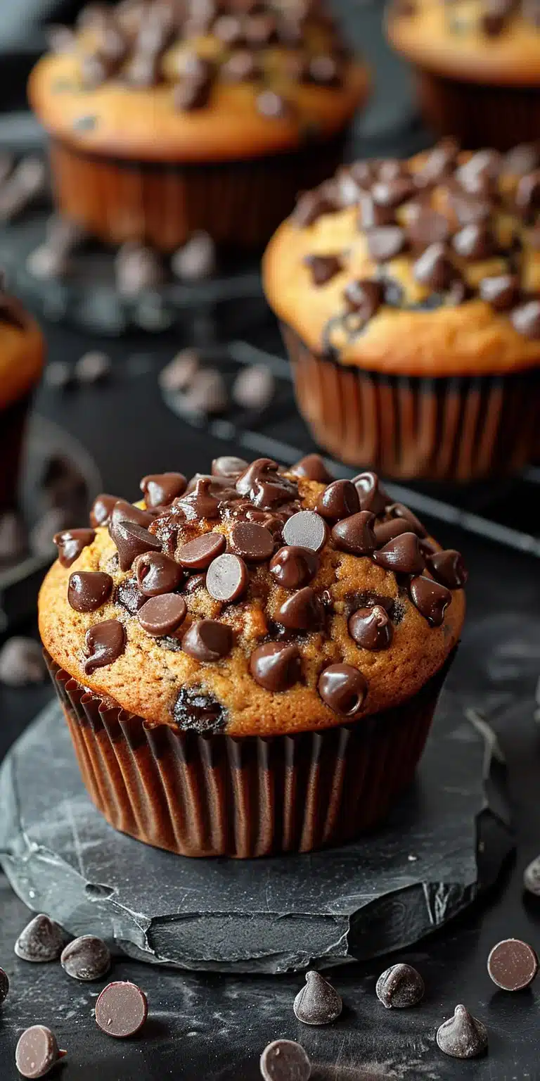 Freshly baked easy banana chocolate chip muffins on a cooling rack
