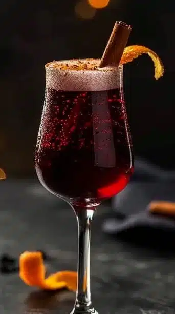 Refreshing Mulled Wine Spritz cocktail garnished with citrus and spices