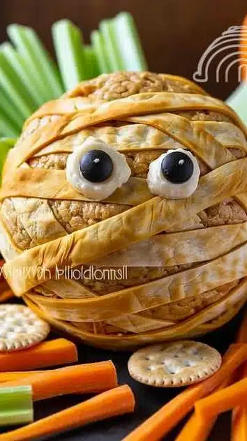 Spooky Mummy Cheese Ball decorated for Halloween