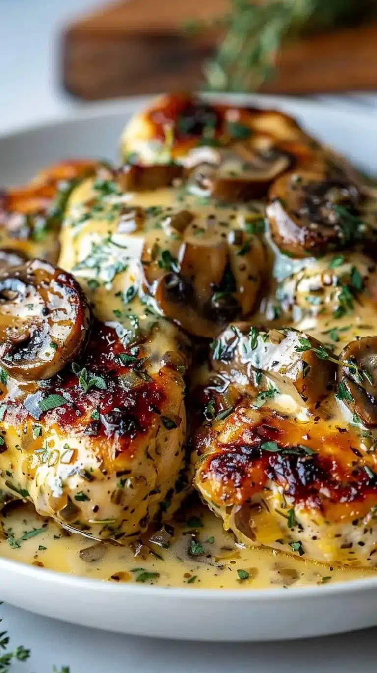 A plate of Mushroom Asiago Chicken topped with creamy sauce and fresh herbs