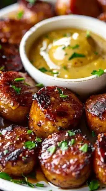 Mustard Hasselback Kielbasa Bites served on a platter with dipping sauce