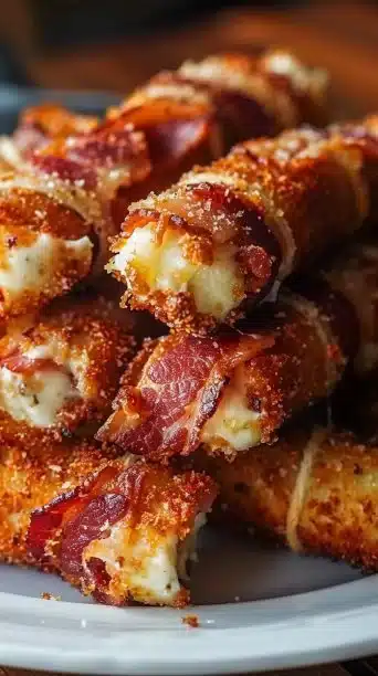 Nashville hot bacon wrapped mozzarella sticks served on a platter