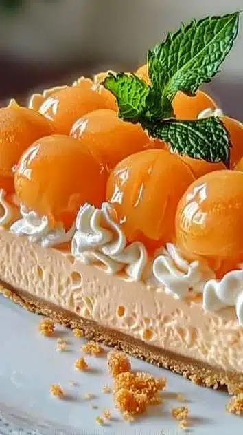 Delicious no-bake cantaloupe cream pie topped with fresh cantaloupe slices