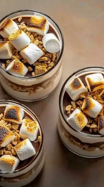 No bake s'mores parfaits in serving glasses with chocolate, marshmallows, and graham crackers.