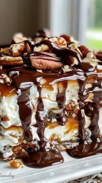 Delicious No Bake Turtle Lasagna dessert with chocolate, caramel, and nuts