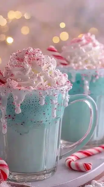 North Pole Peppermint Punch topped with fluffy marshmallow foam in a festive glass