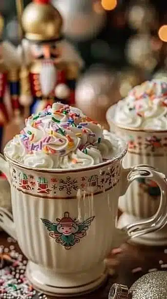 Nutcracker's hot white chocolate with colorful sprinkles in a cozy setting.