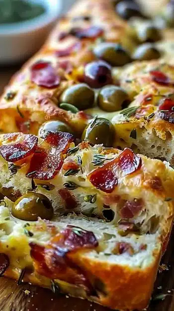Freshly baked Olive Bacon Cheese Bread with toppings