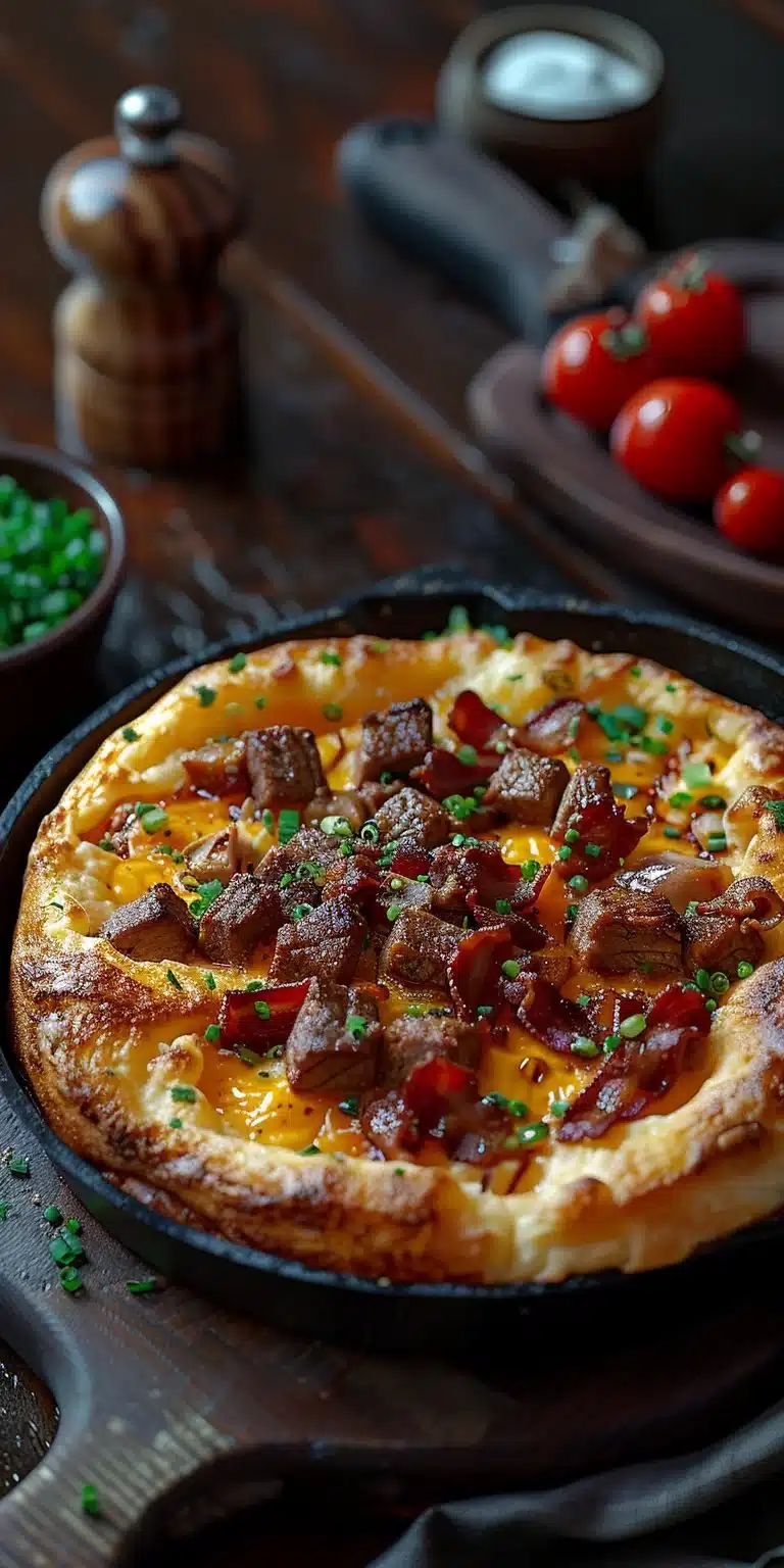Fluffy savory cheddar beef bacon Dutch baby served with toppings
