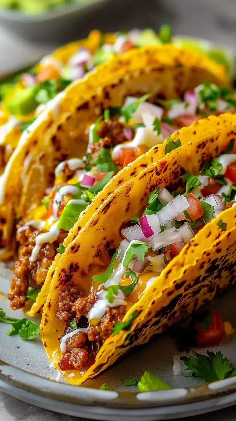 Oven baked cheesy tacos topped with melted cheese and fresh ingredients