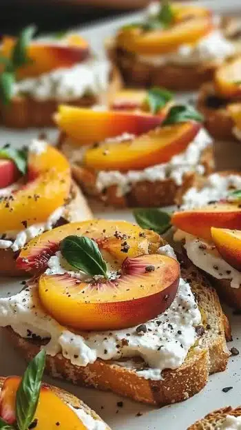 Peach Bruschetta with Ricotta cheese served on toasted bread slices