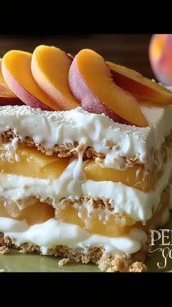 Delicious Peach Yogurt Icebox Cake layered with fresh peaches and yogurt