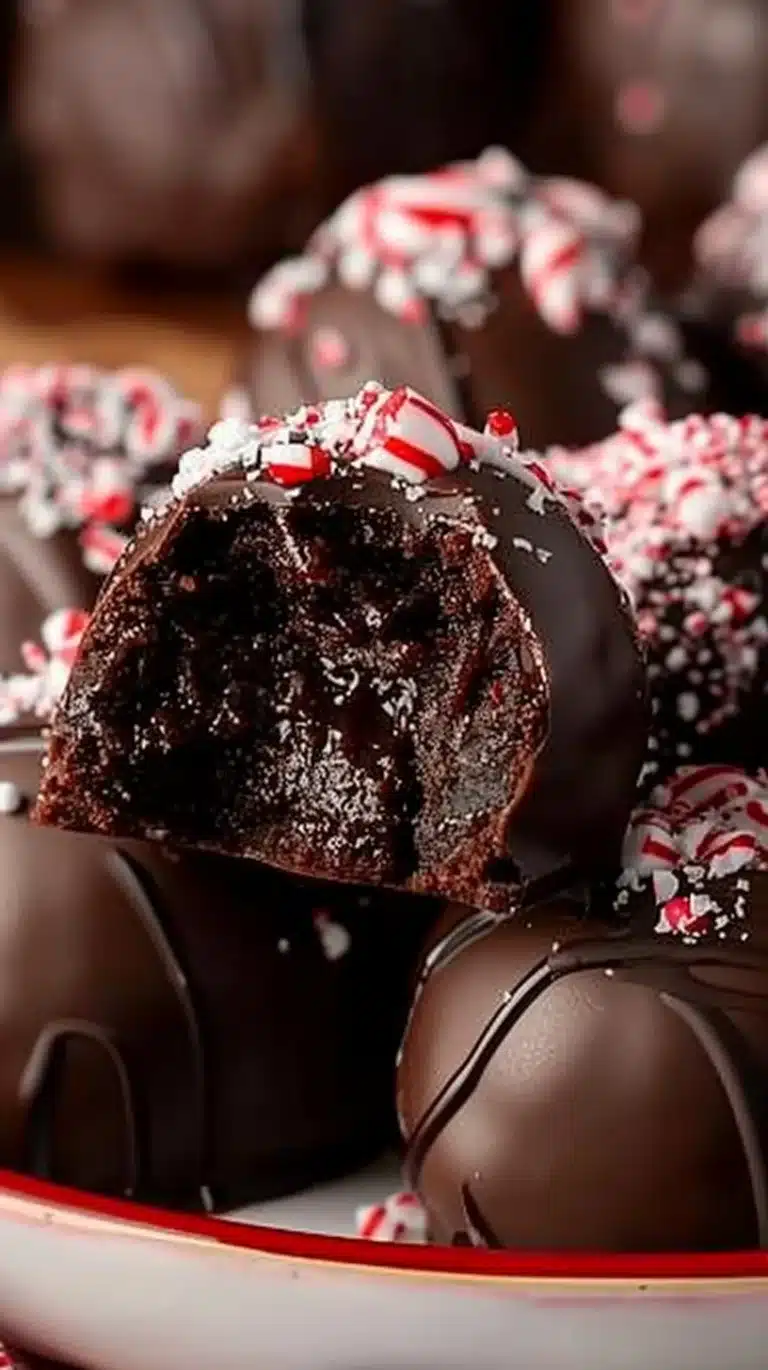 Peppermint brownie truffles on a festive plate, topped with chocolate and mint.