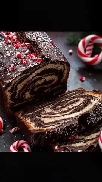 Sliced peppermint mocha marble loaf on a wooden table with festive decorations.