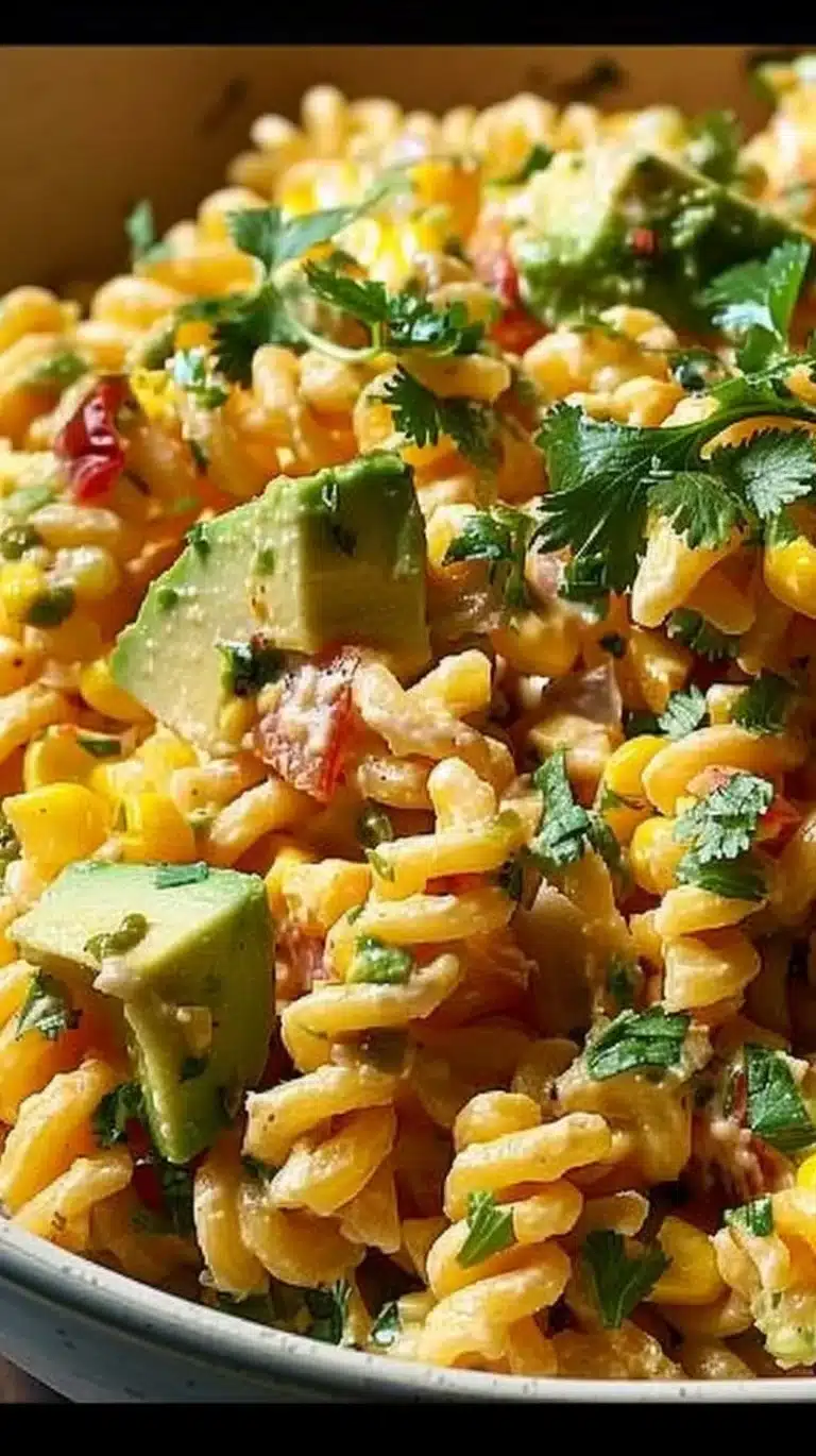 Delicious Mexican street corn pasta salad with fresh ingredients and vibrant flavors.
