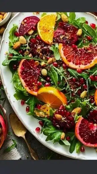 Pomegranate Pistachio Christmas Salad garnished with fresh greens and vibrant colors.