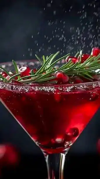 Pomegranate Sparkle Martini garnished with rosemary for a festive touch.
