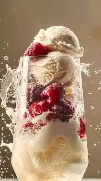 Gorgeous Prosecco Float served in a glass with fresh fruit and bubbles.