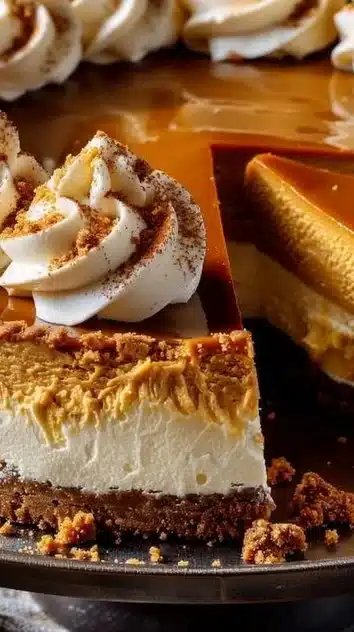 Delicious slice of pumpkin cheesecake topped with whipped cream and spices