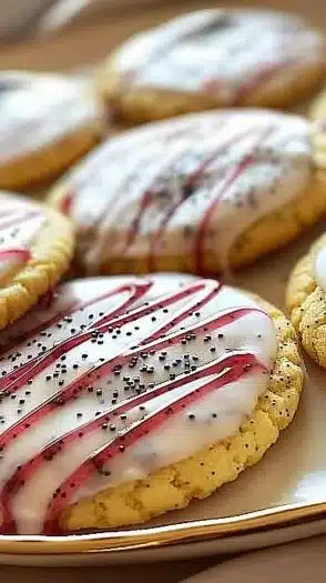 Freshly baked Raspberry Lemon Poppy Cookies on a plate