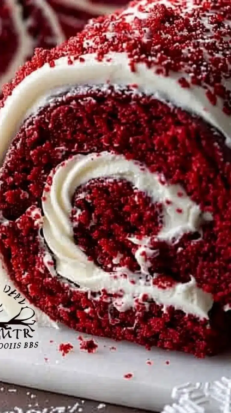 A festive Red Velvet Yule Log dessert topped with cream cheese frosting.