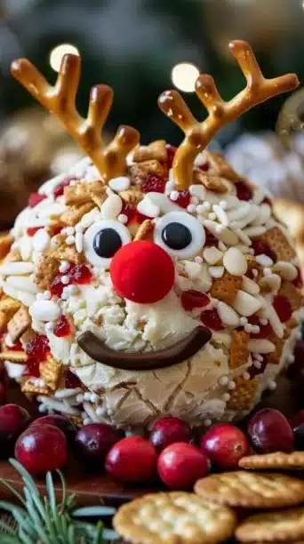 Festive Reindeer Cheese Ball garnished with herbs and cranberries, perfect for parties