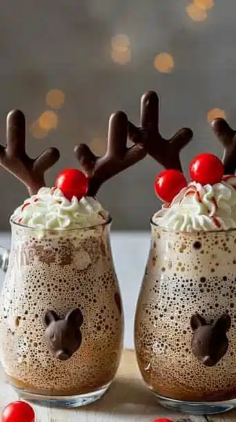 Reindeer Root Beer Floats with chocolate antlers served in festive glasses.