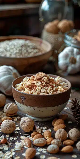 Bowl of rich botanical gingerbread oatmeal topped with spices and nuts for a cozy breakfast.