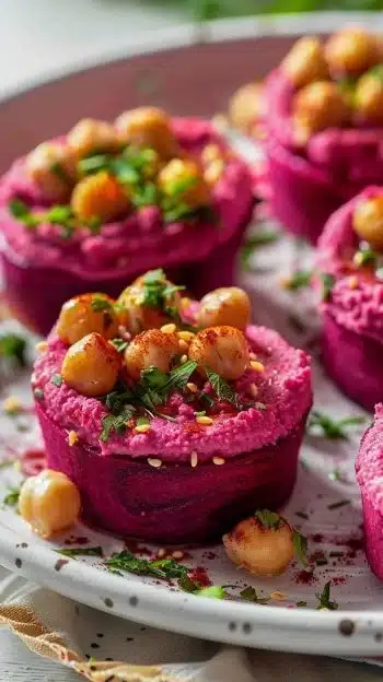 Vibrant roasted beet hummus cups served with fresh vegetables for dipping