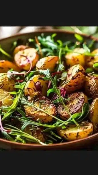 Rosemary roasted potato salad with arugula served in a festive bowl