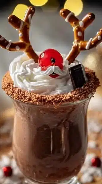 Rudolph's Chocolate Milk decorated with pretzel antlers for a festive drink