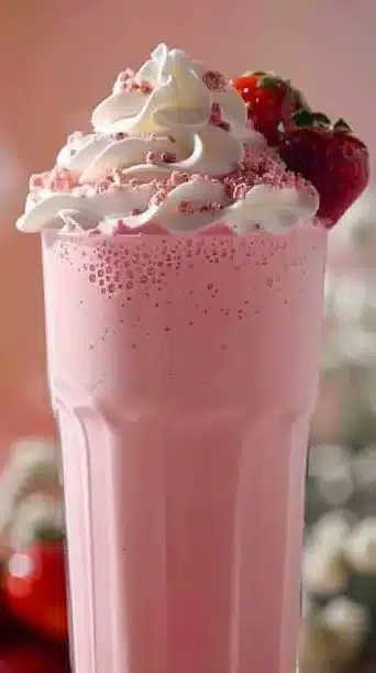 Santa's Strawberry Milk topped with whipped cream hats, perfect for holiday festivities.