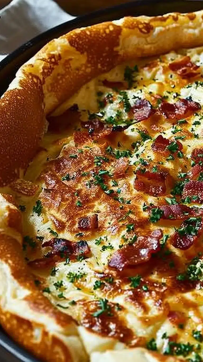 Savory Cheddar Beef Bacon Dutch Baby baked dish topped with cheese and bacon