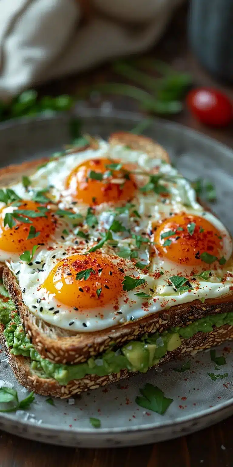 Savory cottage cheese toast with avocado eggs, a healthy breakfast option.