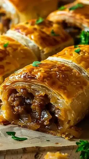 Savory French onion sausage rolls with caramelized onion and flaky pastry