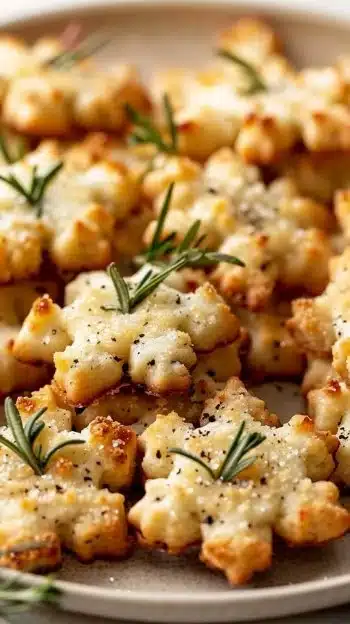 Savory Rosemary-Parmesan snowflake cookies on a festive table
