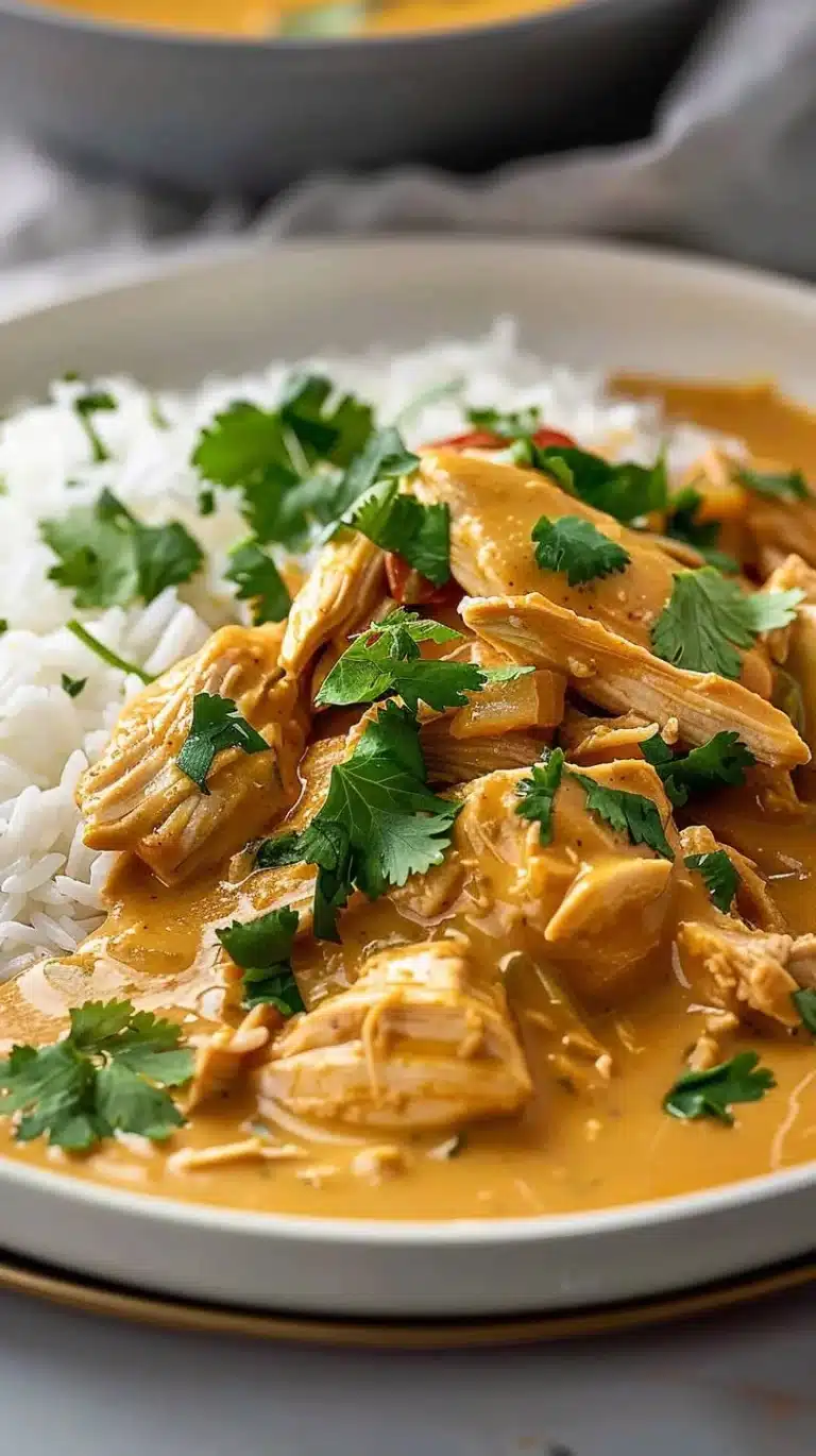 Delicious slow cooker basil chicken in coconut curry sauce served in a bowl.