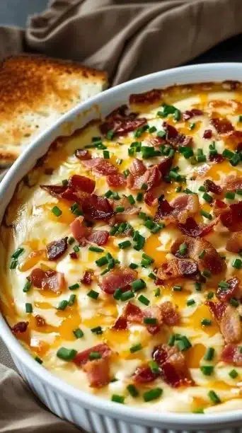 Slow-cooker cheddar bacon beer dip served in a bowl with chips