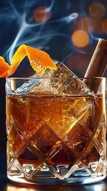 Smoked Maple Old Fashioned cocktail with a smoky flavor and maple syrup infusion.